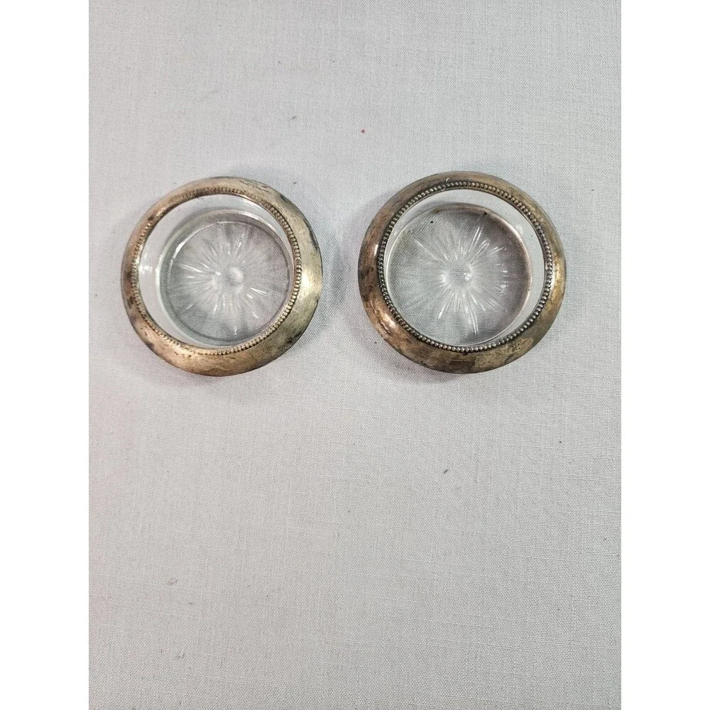 Vintage Frank M. Whiting Sterling Silver Rim Glass Ashtrays Starburst Pair